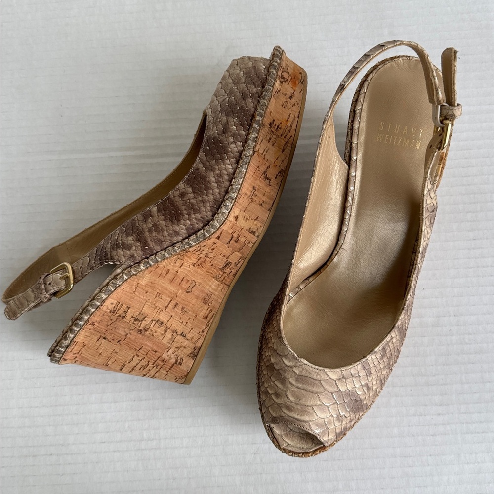 Stuart Weitzman Snakeskin Tan Wedge Sandals